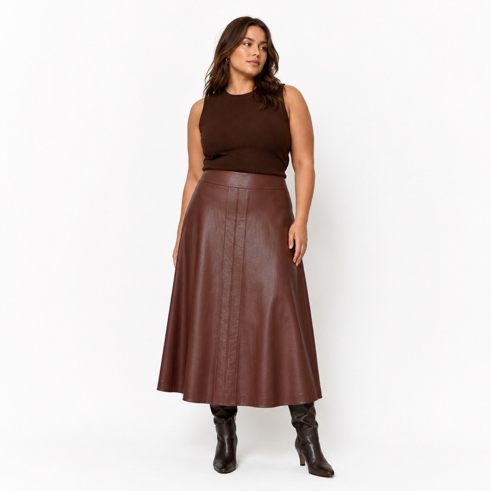 Anthropologie Faux Leather Midi Skirt Womens XL Brown Paneled A-Line Circle